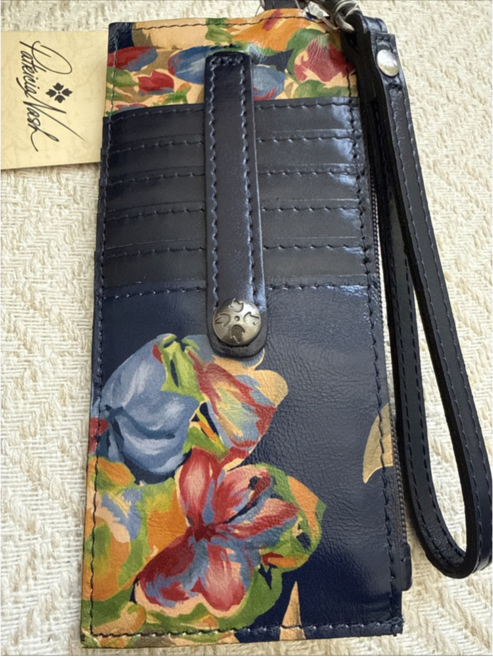 PATRICIA NASH ALANNA Le Fleur Leather Card Case Wristlet Wallet RFID Navy Blue